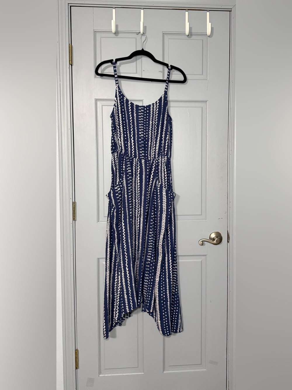 CAbi Navy and White Patterned Spaghetti-Strap Maxi Dress